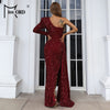 Light Blue Sequin Party Dress Women One Shoulder Long Sleeve Ruffles Side Split Draped Evening Prom Dresses Long Gown