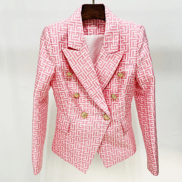 High Street Designer Jacket Women Lion Buttons Double Breasted Slim Fitting Monogram Jacquard Blazer