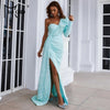Light Blue Sequin Party Dress Women One Shoulder Long Sleeve Ruffles Side Split Draped Evening Prom Dresses Long Gown
