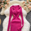 Women Korean Knitted Dress Long Sleeve V Neck Elastic Slim Pencil Dresses Autumn Sexy Bodycon Split Sweater Dress