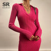 Women Korean Knitted Dress Long Sleeve V Neck Elastic Slim Pencil Dresses Autumn Sexy Bodycon Split Sweater Dress