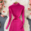 Women Pleated Knitted Dress Turtleneck Long Sleeve Elastic Slim Pencil Dress Autumn Winter Sexy Bodycon Sweater Dress
