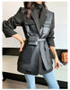 Autumn Black Wool Blends Patchwork Leather Jacket Women with Many Pockets Long Sleeve Korean Streetwear