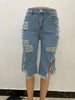 Women Jeans Hole Ripped Tassle Low Waist Elastic Flare Knee Length Denim Pants Sexy High Street Trousers