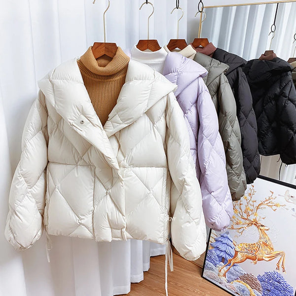 Winter 90% White Duck Down Short Jacket Women Thick Warm Loose Cocoon Type Hooded Diamond Puffer Coat Outwear