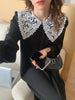 Women Autumn Beige Long Loose Lace Dress V Neck Straight Full Sleeve Pullover Maxi Dresses Female