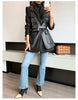 Autumn Black Wool Blends Patchwork Leather Jacket Women with Many Pockets Long Sleeve Korean Streetwear