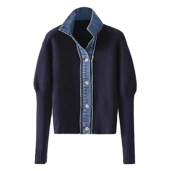 Autumn Winter Knitted Women's Sweater Loose Stitching Denim Jacket Fake Two-Piece Design Top Chaqueta Mujer Invierno
