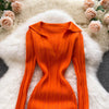 Women Korean Knitted Dress Long Sleeve V Neck Elastic Slim Pencil Dresses Autumn Sexy Bodycon Split Sweater Dress
