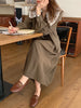 Women Autumn Beige Long Loose Lace Dress V Neck Straight Full Sleeve Pullover Maxi Dresses Female