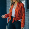 Womens Vintage Lapel Long Sleeve Fringe Cropped Hippie Motor Biker Cardigan Outwears Faux Suede Tassel Jacket