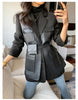 Autumn Black Wool Blends Patchwork Leather Jacket Women with Many Pockets Long Sleeve Korean Streetwear