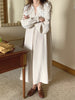 Women Autumn Beige Long Loose Lace Dress V Neck Straight Full Sleeve Pullover Maxi Dresses Female