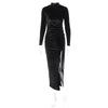 Autumn Winter Women Solid Velvet Long Sleeve Ruched Midi Dress Side Slit Bodycon Sexy Streetwear Party Elegant Club