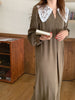 Women Autumn Beige Long Loose Lace Dress V Neck Straight Full Sleeve Pullover Maxi Dresses Female