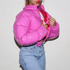 Winter Women Puffer Jackets Long Sleeve Zip Up Stand Collar Cropped Bubble Down Coats Shiny Metallic Quilted Parkas
