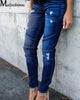 Mid Waist Skinny Jeans Women Vintage Distressed Denim Pants Autumn Crimped Destroyed Pencil Casual Ripped