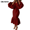 Women Evening Dress Solid Full Puff Sleeve V-neck Long Maxi Trumpet Dresses Vintage Party Vestidos Fall Outfit