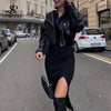 Women Korean Knitted Dress Long Sleeve V Neck Elastic Slim Pencil Dresses Autumn Sexy Bodycon Split Sweater Dress