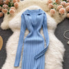 Women Korean Knitted Dress Long Sleeve V Neck Elastic Slim Pencil Dresses Autumn Sexy Bodycon Split Sweater Dress