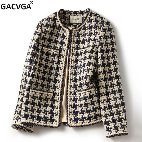 Elegant Weave Plaid Women Blazer With Pocket And Lining Autumn Winter Causal Tweed Coat Office Ladies Jacket