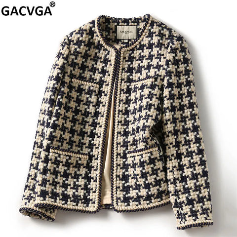 Elegant Weave Plaid Women Blazer With Pocket And Lining Autumn Winter Causal Tweed Coat Office Ladies Jacket
