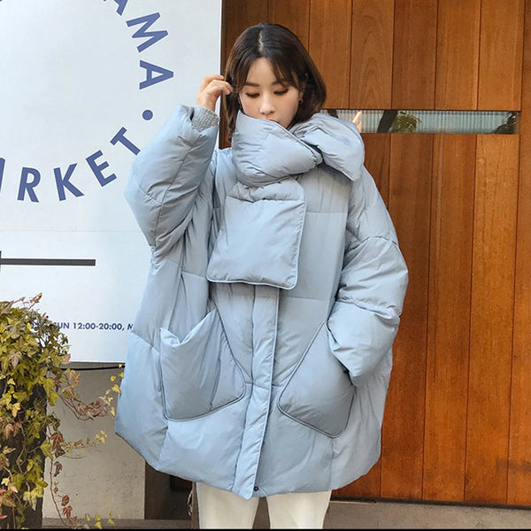 Women White Duck Down Coat Winter Female Scarf OverSize Jackets Round Neck Loose Thicken Parkas Warm Outwear