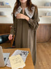 Women Autumn Beige Long Loose Lace Dress V Neck Straight Full Sleeve Pullover Maxi Dresses Female