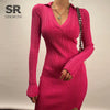 Women Korean Knitted Dress Long Sleeve V Neck Elastic Slim Pencil Dresses Autumn Sexy Bodycon Split Sweater Dress