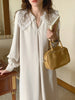 Women Autumn Beige Long Loose Lace Dress V Neck Straight Full Sleeve Pullover Maxi Dresses Female