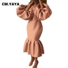 Women Evening Dress Solid Full Puff Sleeve V-neck Long Maxi Trumpet Dresses Vintage Party Vestidos Fall Outfit