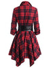 Gothic Casual Dress Women Red Plaid Belted Roll Tab Sleeve Handkerchief Dress Vestidos Autumn Long Sleeve A-Line Party Dress