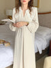 Women Autumn Beige Long Loose Lace Dress V Neck Straight Full Sleeve Pullover Maxi Dresses Female