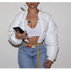 Winter Women Puffer Jackets Long Sleeve Zip Up Stand Collar Cropped Bubble Down Coats Shiny Metallic Quilted Parkas