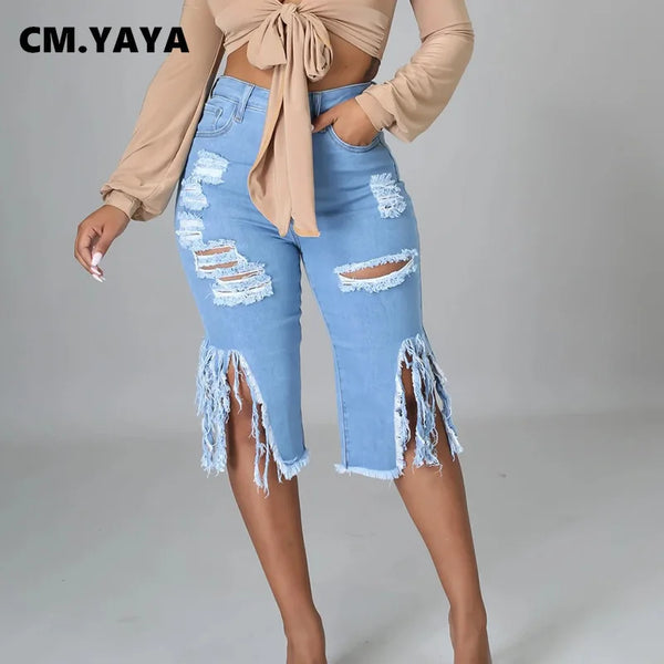 Women Jeans Hole Ripped Tassle Low Waist Elastic Flare Knee Length Denim Pants Sexy High Street Trousers