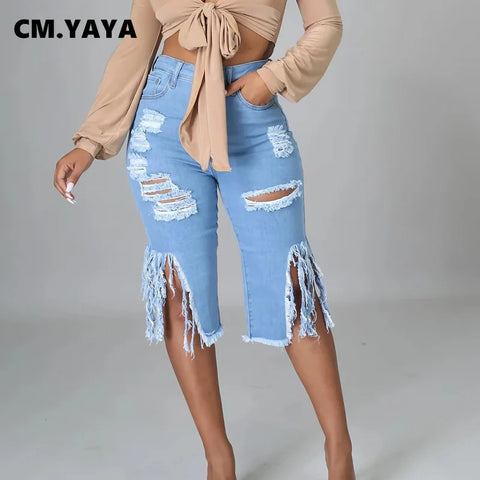 Women Jeans Hole Ripped Tassle Low Waist Elastic Flare Knee Length Denim Pants Sexy High Street Trousers