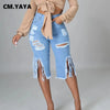 Women Jeans Hole Ripped Tassle Low Waist Elastic Flare Knee Length Denim Pants Sexy High Street Trousers