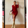 Women Korean Knitted Dress Long Sleeve V Neck Elastic Slim Pencil Dresses Autumn Sexy Bodycon Split Sweater Dress