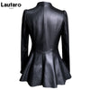Autumn Black Slim Soft Pu Leather Jacket Women Deep V Neck Long Puff Sleeve Elegant Skirted Blazer