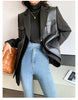 Autumn Black Wool Blends Patchwork Leather Jacket Women with Many Pockets Long Sleeve Korean Streetwear