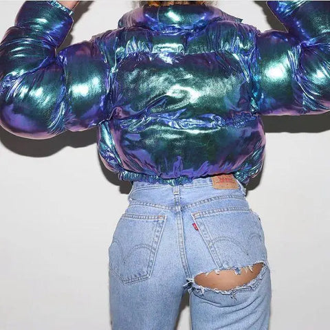 Winter Women Puffer Jackets Long Sleeve Zip Up Stand Collar Cropped Bubble Down Coats Shiny Metallic Quilted Parkas