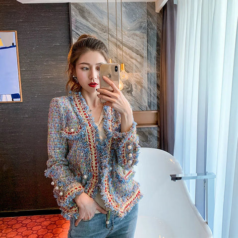 Women Single-breasted Vintage Tweed Woolen Jacket Coat Tassel Short Jackets Outerwear Spring Autumn Coat