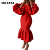 Women Evening Dress Solid Full Puff Sleeve V-neck Long Maxi Trumpet Dresses Vintage Party Vestidos Fall Outfit