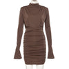 Autumn Winter Women Casual Bandage Dress Ruched Bodycon Solid Sexy Slit Flare Long Sleeve Night Party Mini Vestidos