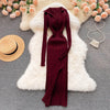 Women Korean Knitted Dress Long Sleeve V Neck Elastic Slim Pencil Dresses Autumn Sexy Bodycon Split Sweater Dress