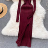 Women Korean Knitted Dress Long Sleeve V Neck Elastic Slim Pencil Dresses Autumn Sexy Bodycon Split Sweater Dress