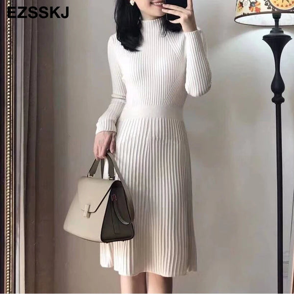 elegant OL turtleneck slim long Sweater dress women Thick knit Autumn Winter dress female Slim A-line basic dress casual