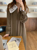 Women Autumn Beige Long Loose Lace Dress V Neck Straight Full Sleeve Pullover Maxi Dresses Female