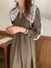 Women Autumn Beige Long Loose Lace Dress V Neck Straight Full Sleeve Pullover Maxi Dresses Female
