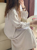 Women Autumn Beige Long Loose Lace Dress V Neck Straight Full Sleeve Pullover Maxi Dresses Female
